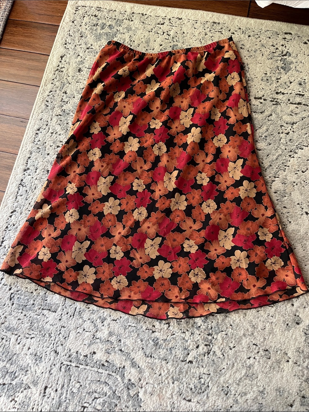 Clio Black A-Line Skirt with Red & Orange Floral Print